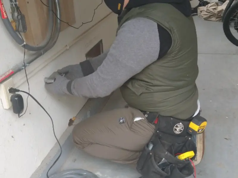 Electrician performing outlet wiring in a Cranberry garage